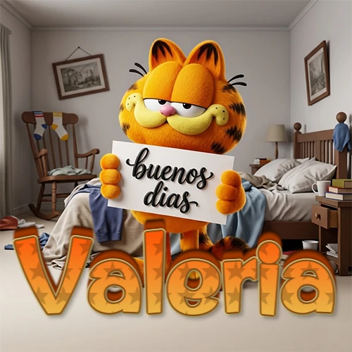 Garfield en dormitorio con pizarra blanca que dice 'Buenos Días', nombre en base 3D degradada naranja abajo. Nombre personalizado: Valeria.