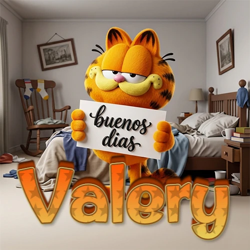 Garfield en dormitorio con pizarra blanca que dice 'Buenos Días', nombre en base 3D degradada naranja abajo. Nombre personalizado: Valery.