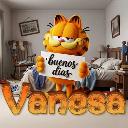 Garfield en dormitorio con pizarra blanca que dice 'Buenos Días', nombre en base 3D degradada naranja abajo. Nombre personalizado: Vanesa.