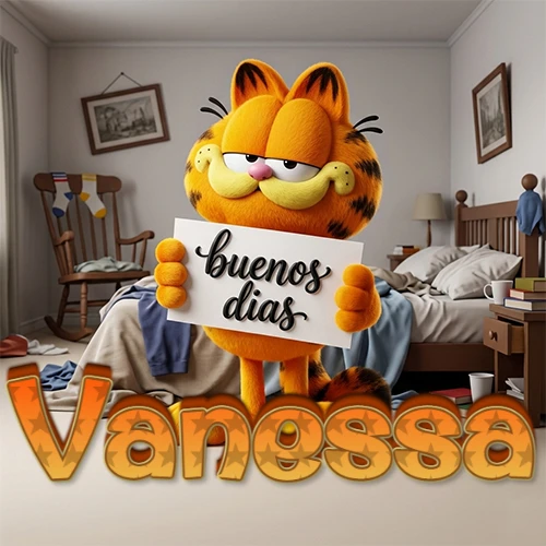 Garfield en dormitorio con pizarra blanca que dice 'Buenos Días', nombre en base 3D degradada naranja abajo. Nombre personalizado: Vanessa.