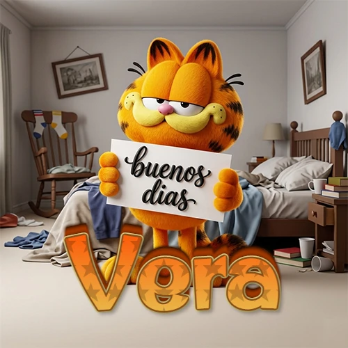 Garfield en dormitorio con pizarra blanca que dice 'Buenos Días', nombre en base 3D degradada naranja abajo. Nombre personalizado: Vera.