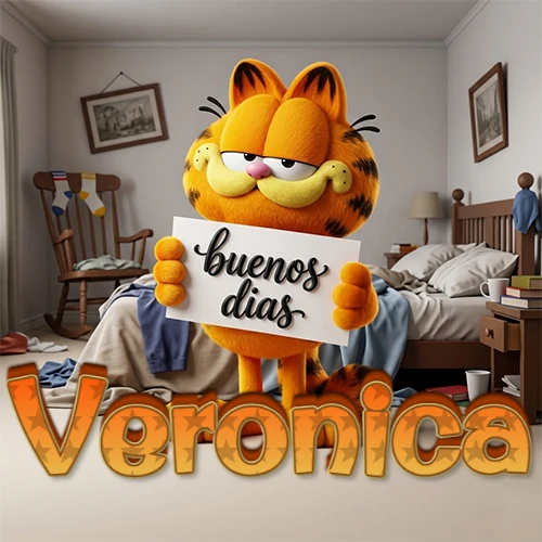 Garfield en dormitorio con pizarra blanca que dice 'Buenos Días', nombre en base 3D degradada naranja abajo. Nombre personalizado: Veronica.