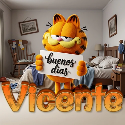 Garfield en dormitorio con pizarra blanca que dice 'Buenos Días', nombre en base 3D degradada naranja abajo. Nombre personalizado: Vicente.