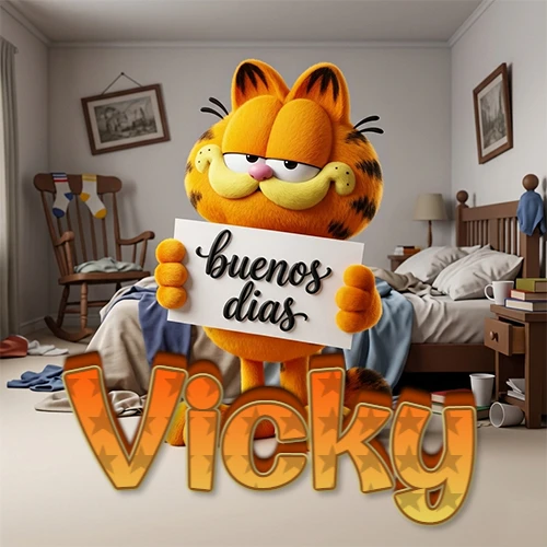 Garfield en dormitorio con pizarra blanca que dice 'Buenos Días', nombre en base 3D degradada naranja abajo. Nombre personalizado: Vicky. Garfield en dormitorio con pizarra blanca que dice 'Buenos Días', nombre en base 3D degradada naranja abajo. Nombre personalizado: Vicky.