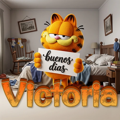 Garfield en dormitorio con pizarra blanca que dice 'Buenos Días', nombre en base 3D degradada naranja abajo. Nombre personalizado: Victoria.