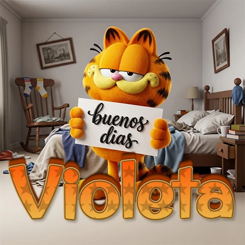 Garfield en dormitorio con pizarra blanca que dice 'Buenos Días', nombre en base 3D degradada naranja abajo. Nombre personalizado: Violeta.