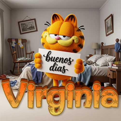 Garfield en dormitorio con pizarra blanca que dice 'Buenos Días', nombre en base 3D degradada naranja abajo. Nombre personalizado: Virginia. Garfield en dormitorio con pizarra blanca que dice 'Buenos Días', nombre en base 3D degradada naranja abajo. Nombre personalizado: Virginia.