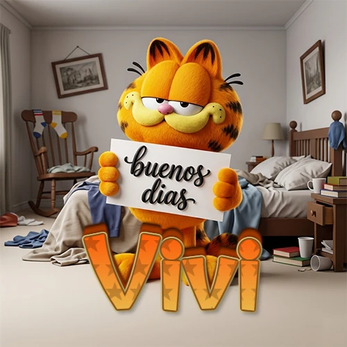 Garfield en dormitorio con pizarra blanca que dice 'Buenos Días', nombre en base 3D degradada naranja abajo. Nombre personalizado: Vivi.