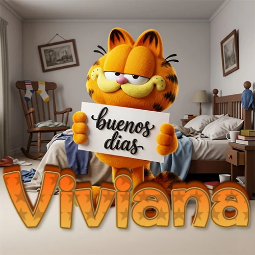 Garfield en dormitorio con pizarra blanca que dice 'Buenos Días', nombre en base 3D degradada naranja abajo. Nombre personalizado: Viviana.
