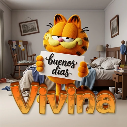 Garfield en dormitorio con pizarra blanca que dice 'Buenos Días', nombre en base 3D degradada naranja abajo. Nombre personalizado: Vivina. Garfield en dormitorio con pizarra blanca que dice 'Buenos Días', nombre en base 3D degradada naranja abajo. Nombre personalizado: Vivina.