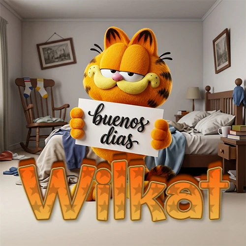 Garfield en dormitorio con pizarra blanca que dice 'Buenos Días', nombre en base 3D degradada naranja abajo. Nombre personalizado: Wilkat.