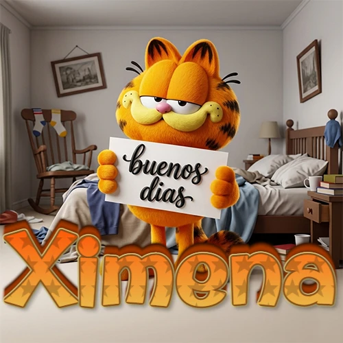 Garfield en dormitorio con pizarra blanca que dice 'Buenos Días', nombre en base 3D degradada naranja abajo. Nombre personalizado: Ximena.