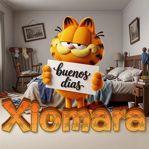 Garfield en dormitorio con pizarra blanca que dice 'Buenos Días', nombre en base 3D degradada naranja abajo. Nombre personalizado: Xiomara.