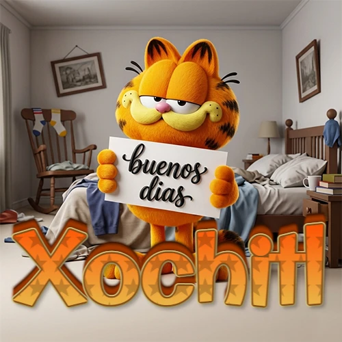 Garfield en dormitorio con pizarra blanca que dice 'Buenos Días', nombre en base 3D degradada naranja abajo. Nombre personalizado: Xochitl.