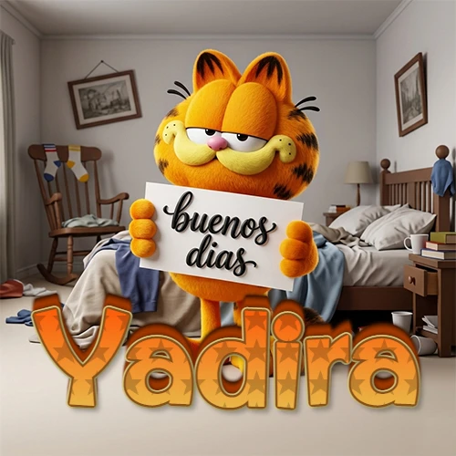 Garfield en dormitorio con pizarra blanca que dice 'Buenos Días', nombre en base 3D degradada naranja abajo. Nombre personalizado: Yadira.
