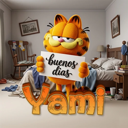 Garfield en dormitorio con pizarra blanca que dice 'Buenos Días', nombre en base 3D degradada naranja abajo. Nombre personalizado: Yami.