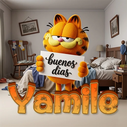 Garfield en dormitorio con pizarra blanca que dice 'Buenos Días', nombre en base 3D degradada naranja abajo. Nombre personalizado: Yamile.