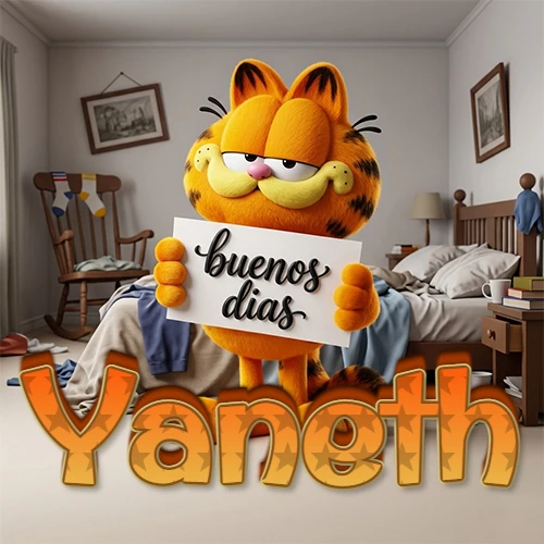 Garfield en dormitorio con pizarra blanca que dice 'Buenos Días', nombre en base 3D degradada naranja abajo. Nombre personalizado: Yaneth.