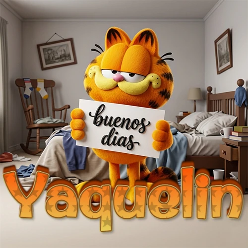 Garfield en dormitorio con pizarra blanca que dice 'Buenos Días', nombre en base 3D degradada naranja abajo. Nombre personalizado: Yaquelin.