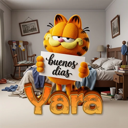 Garfield en dormitorio con pizarra blanca que dice 'Buenos Días', nombre en base 3D degradada naranja abajo. Nombre personalizado: Yara.