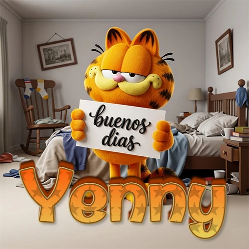 Garfield en dormitorio con pizarra blanca que dice 'Buenos Días', nombre en base 3D degradada naranja abajo. Nombre personalizado: Yenny.
