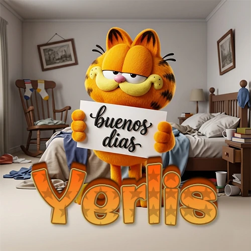 Garfield en dormitorio con pizarra blanca que dice 'Buenos Días', nombre en base 3D degradada naranja abajo. Nombre personalizado: Yerlis.