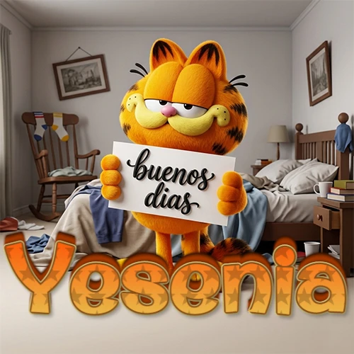Garfield en dormitorio con pizarra blanca que dice 'Buenos Días', nombre en base 3D degradada naranja abajo. Nombre personalizado: Yesenia.