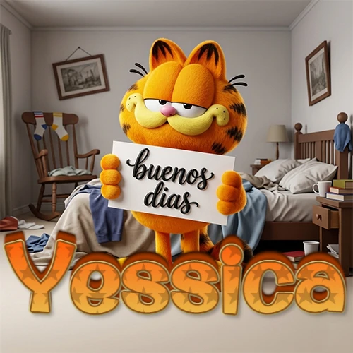 Garfield en dormitorio con pizarra blanca que dice 'Buenos Días', nombre en base 3D degradada naranja abajo. Nombre personalizado: Yessica.