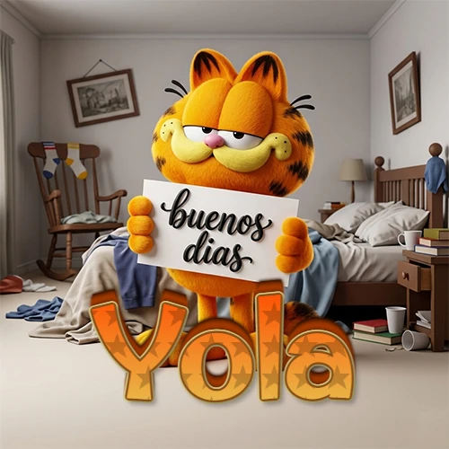 Garfield en dormitorio con pizarra blanca que dice 'Buenos Días', nombre en base 3D degradada naranja abajo. Nombre personalizado: Yola.