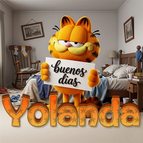 Garfield en dormitorio con pizarra blanca que dice 'Buenos Días', nombre en base 3D degradada naranja abajo. Nombre personalizado: Yolanda. Garfield en dormitorio con pizarra blanca que dice 'Buenos Días', nombre en base 3D degradada naranja abajo. Nombre personalizado: Yolanda.