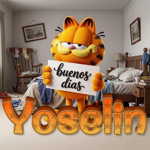 Garfield en dormitorio con pizarra blanca que dice 'Buenos Días', nombre en base 3D degradada naranja abajo. Nombre personalizado: Yoselin.