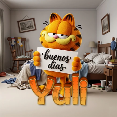 Garfield en dormitorio con pizarra blanca que dice 'Buenos Días', nombre en base 3D degradada naranja abajo. Nombre personalizado: Yuli.
