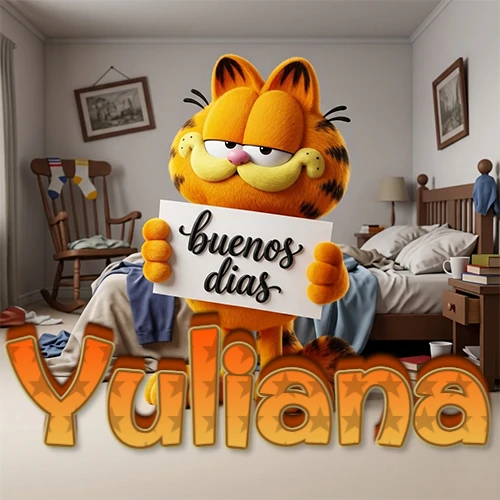 Garfield en dormitorio con pizarra blanca que dice 'Buenos Días', nombre en base 3D degradada naranja abajo. Nombre personalizado: Yuliana.