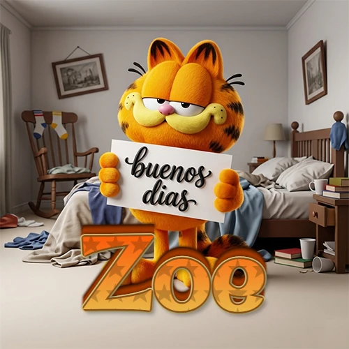Garfield en dormitorio con pizarra blanca que dice 'Buenos Días', nombre en base 3D degradada naranja abajo. Nombre personalizado: Zoe.