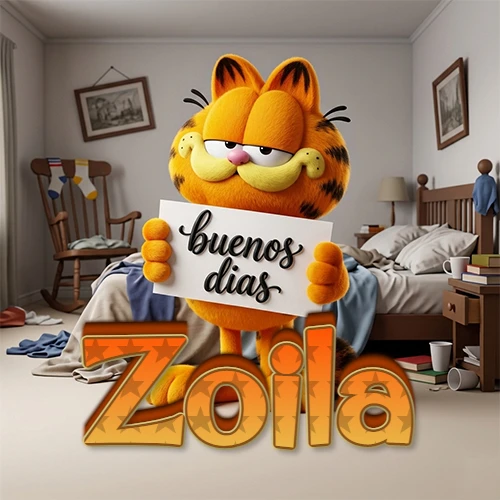 Garfield en dormitorio con pizarra blanca que dice 'Buenos Días', nombre en base 3D degradada naranja abajo. Nombre personalizado: Zoila.