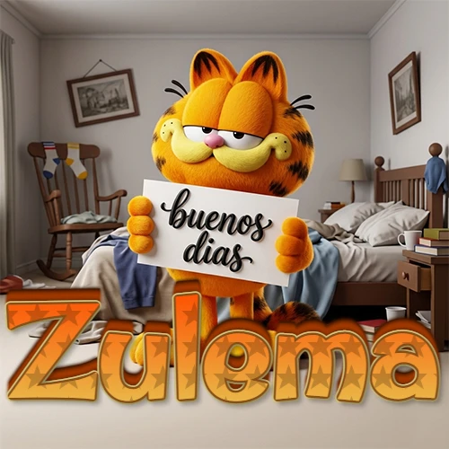Garfield en dormitorio con pizarra blanca que dice 'Buenos Días', nombre en base 3D degradada naranja abajo. Nombre personalizado: Zulema.