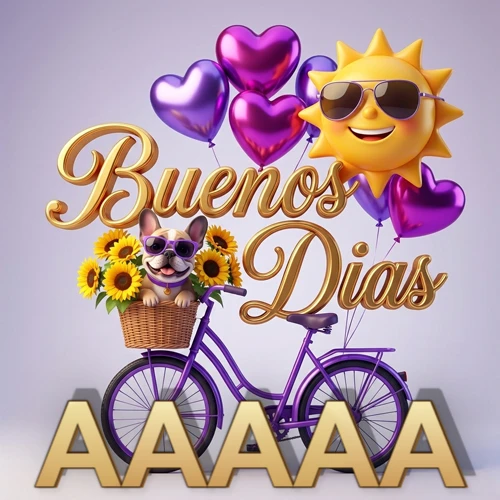Bicicleta morada con cesta de girasoles y perrito, globos corazón, sol sonriente, nombre grande dorado abajo. Nombre personalizado: AAAAA.
