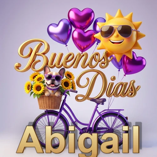 Bicicleta morada con cesta de girasoles y perrito, globos corazón, sol sonriente, nombre grande dorado abajo. Nombre personalizado: Abigail.