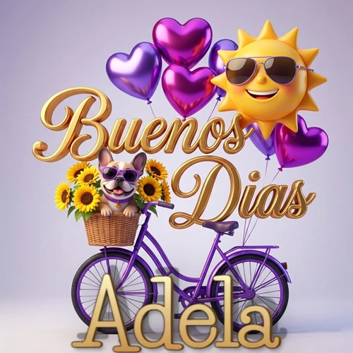 Bicicleta morada con cesta de girasoles y perrito, globos corazón, sol sonriente, nombre grande dorado abajo. Nombre personalizado: Adela.
