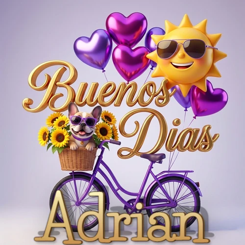 Bicicleta morada con cesta de girasoles y perrito, globos corazón, sol sonriente, nombre grande dorado abajo. Nombre personalizado: Adrian.