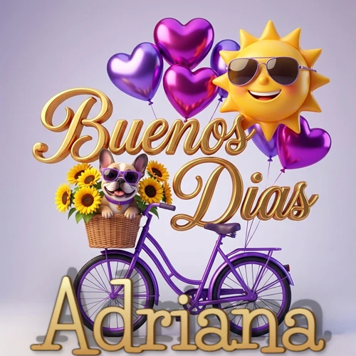 Bicicleta morada con cesta de girasoles y perrito, globos corazón, sol sonriente, nombre grande dorado abajo. Nombre personalizado: Adriana.