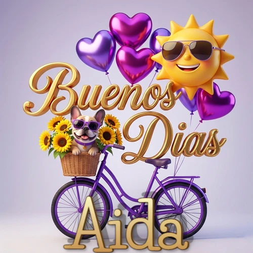 Bicicleta morada con cesta de girasoles y perrito, globos corazón, sol sonriente, nombre grande dorado abajo. Nombre personalizado: Aida.