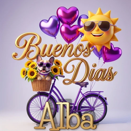 Bicicleta morada con cesta de girasoles y perrito, globos corazón, sol sonriente, nombre grande dorado abajo. Nombre personalizado: Alba.