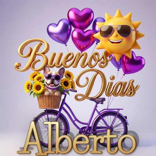 Bicicleta morada con cesta de girasoles y perrito, globos corazón, sol sonriente, nombre grande dorado abajo. Nombre personalizado: Alberto.