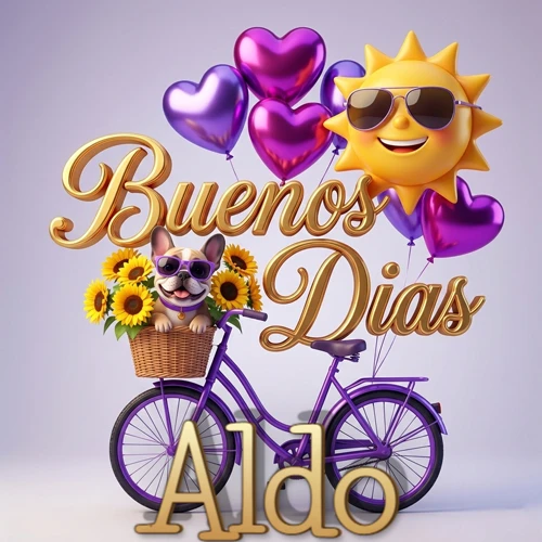 Bicicleta morada con cesta de girasoles y perrito, globos corazón, sol sonriente, nombre grande dorado abajo. Nombre personalizado: Aldo.