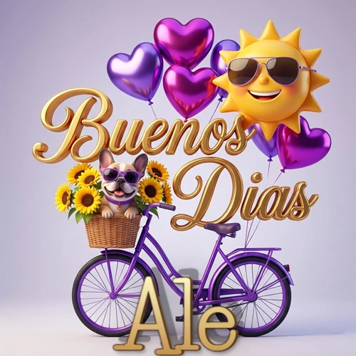 Bicicleta morada con cesta de girasoles y perrito, globos corazón, sol sonriente, nombre grande dorado abajo. Nombre personalizado: Ale. Bicicleta morada con cesta de girasoles y perrito, globos corazón, sol sonriente, nombre grande dorado abajo. Nombre personalizado: Ale.