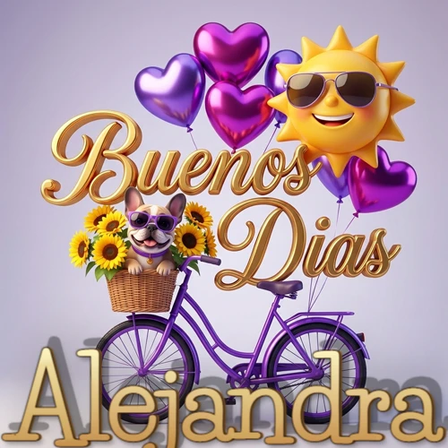 Bicicleta morada con cesta de girasoles y perrito, globos corazón, sol sonriente, nombre grande dorado abajo. Nombre personalizado: Alejandra.