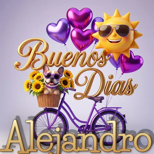Bicicleta morada con cesta de girasoles y perrito, globos corazón, sol sonriente, nombre grande dorado abajo. Nombre personalizado: Alejandro.