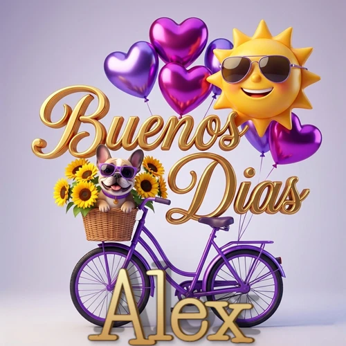 Bicicleta morada con cesta de girasoles y perrito, globos corazón, sol sonriente, nombre grande dorado abajo. Nombre personalizado: Alex.