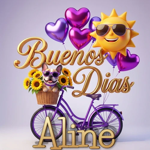 Bicicleta morada con cesta de girasoles y perrito, globos corazón, sol sonriente, nombre grande dorado abajo. Nombre personalizado: Aline. Bicicleta morada con cesta de girasoles y perrito, globos corazón, sol sonriente, nombre grande dorado abajo. Nombre personalizado: Aline.